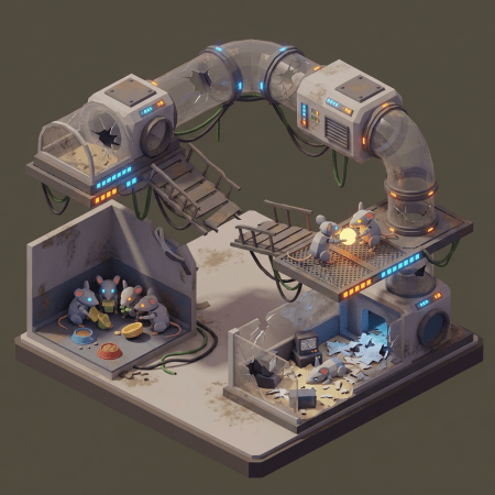 Sci-fi scene of mice inhabiting a multi-level, decaying experimental laboratory facility.