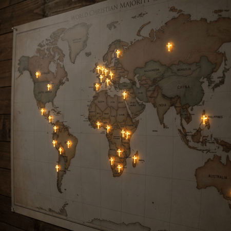 Vintage world map with glowing crosses marking regions with majority Christian populations.