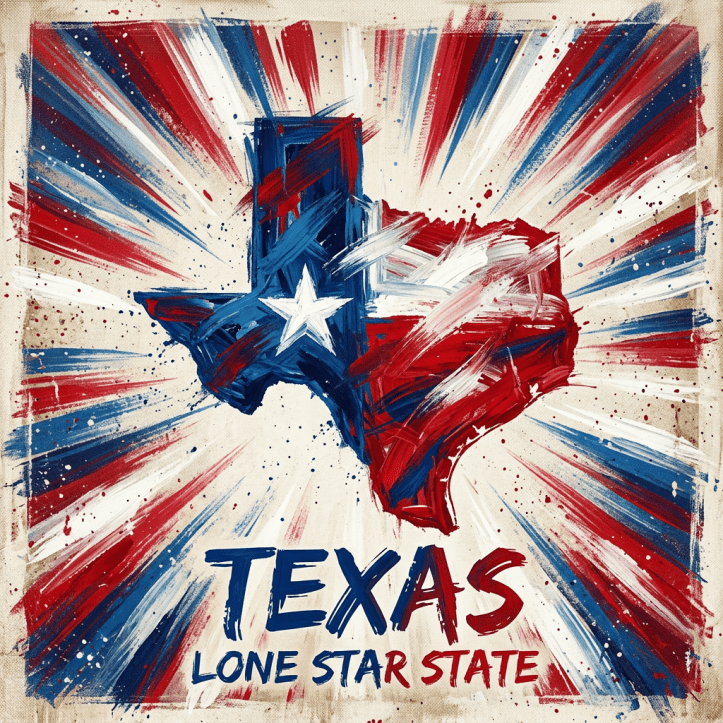 Texas state shape painted with red, white, and blue colors and a white star in the center