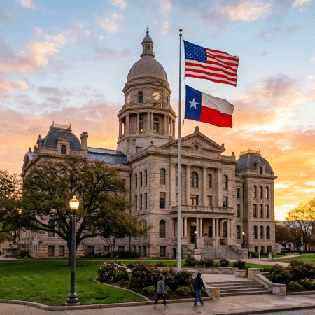 Historic courthouse building with American and Texas flags at sunset