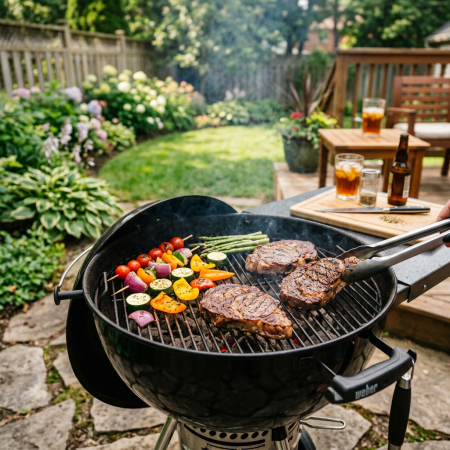 Steaks and vegetable skewers grilling on a charcoal barbecue in a backyard