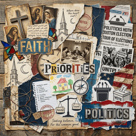 Collage juxtaposing faith symbols, family photo, voting imagery, and protest scenes reflecting priorities
