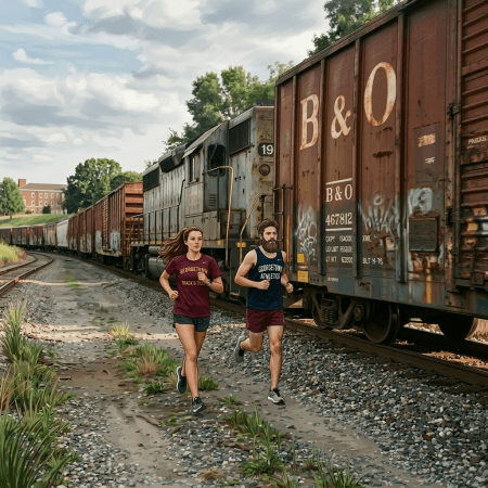 Two runners jogging on gravel path next to a long freight train with B&O markings