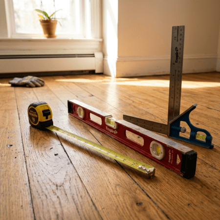 Measuring tape, level, and square tools on hardwood floor near window