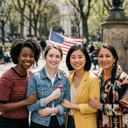 Four diverse women standing close with an American flag behind them
