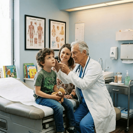 Doctor checking young boy's ear in pediatric exam room with mother present