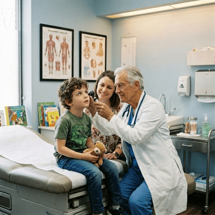 Doctor checking young boy's ear in pediatric exam room with mother present