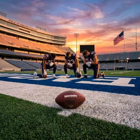 Football on turf at Field of Dreams Stadium with sunset sky and American flag