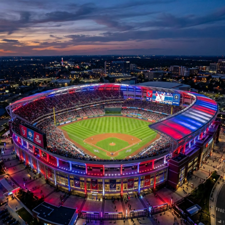 Baseball stadium illuminated with red and blue lights during a night game