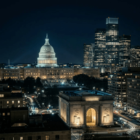 Night cityscape with Capitol building and corporate towers connected by glowing network lines labeled with terms like lobbying and corruption