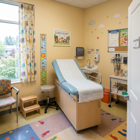 Pediatric exam room with colorful decor, examination table, and medical supplies