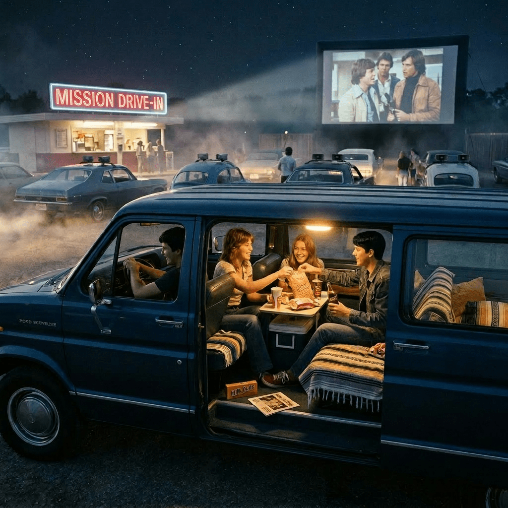 Group of people eating snacks inside a van at a drive-in movie theater at night