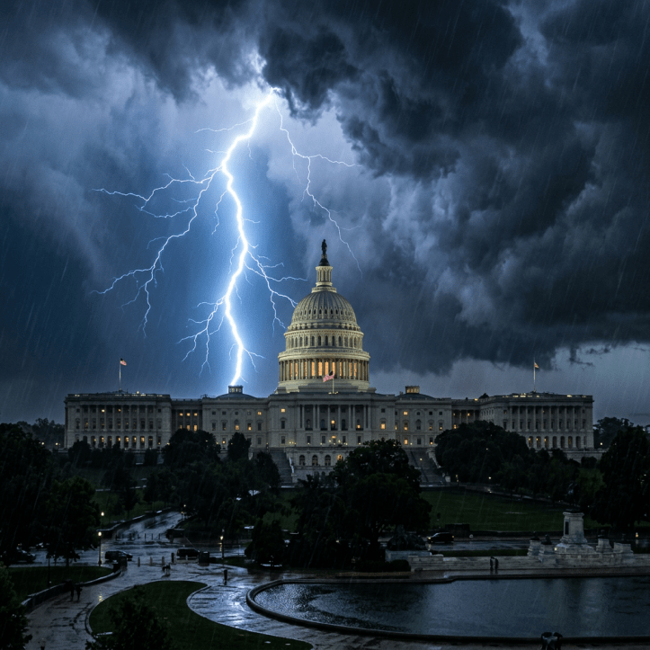 Lightning bolt striking near the US Capitol building with dark storm clouds and rain