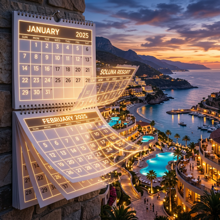 Glowing 2025 calendar pages overlaying a coastal resort at sunset with pools and palm trees