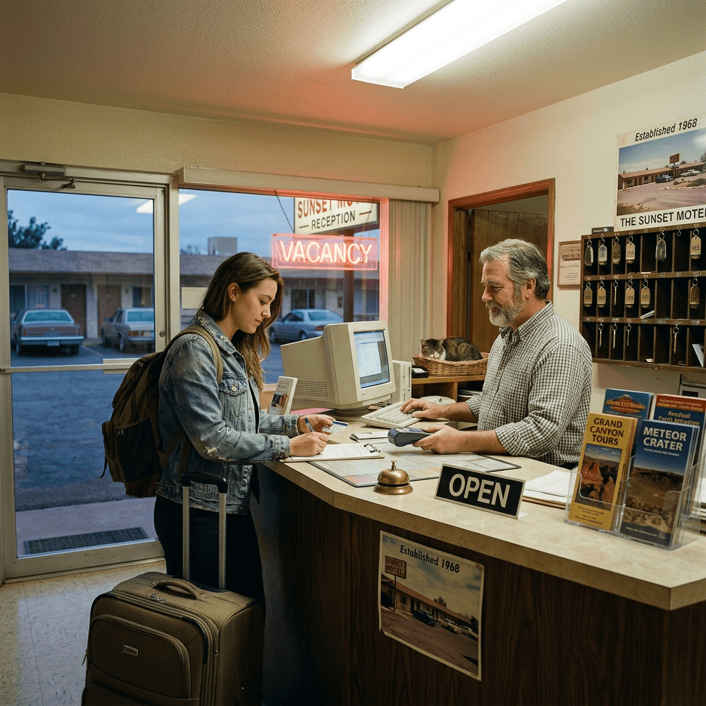 Guest signing registration form at motel reception desk with receptionist holding card reader