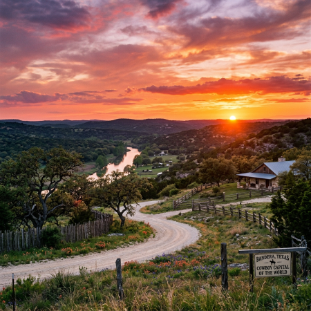 Sunset over a winding dirt road and ranch in Bandera, Texas with a sign reading Cowboy Capital of the World