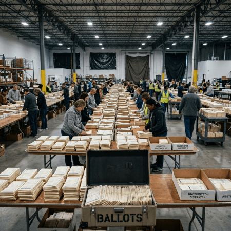 People sorting and counting stacks of ballots on tables in a large warehouse