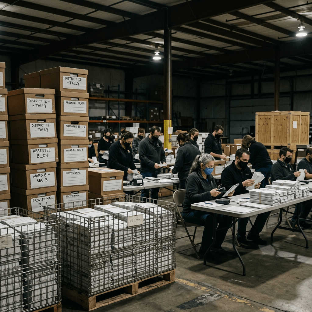 Workers wearing masks counting and sorting election ballots in a warehouse