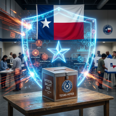 Texas election ballot box with digital shield highlighting hacking, interference, and disinformation threats