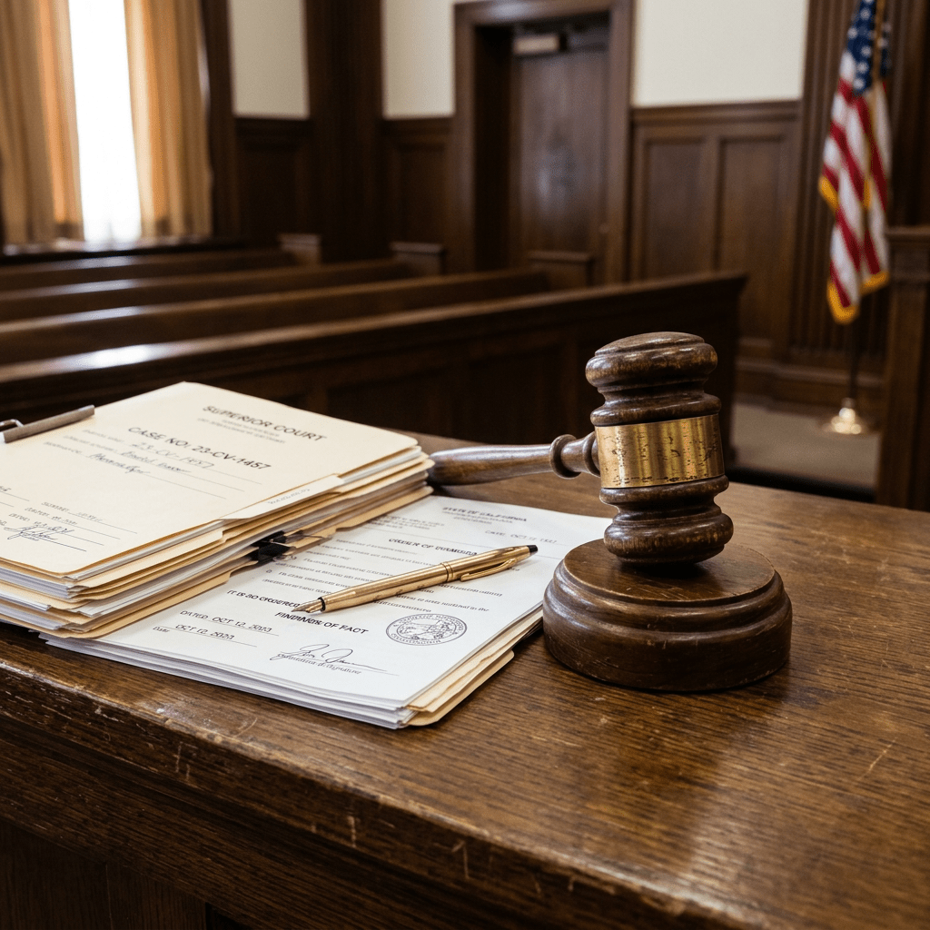 Judge's gavel and stack of legal documents on wooden desk in courtroom