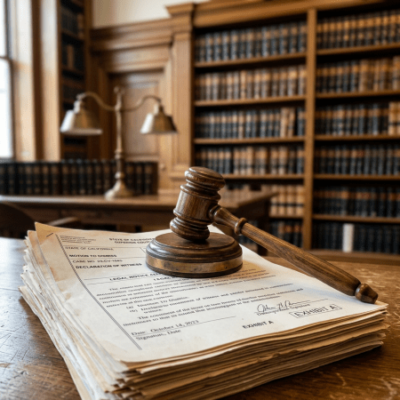 Judge's gavel on legal documents in law library