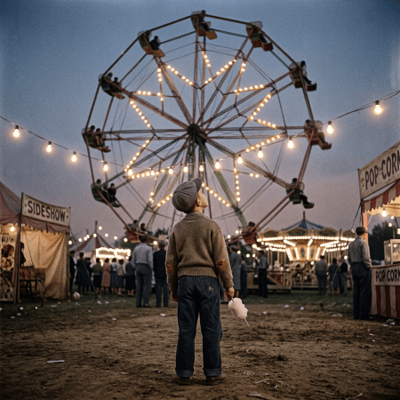 Boy holding cotton candy looking up at illuminated Ferris wheel at carnival