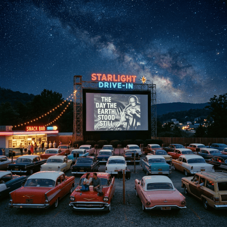 Vintage cars at a drive-in showing The Day the Earth Stood Still