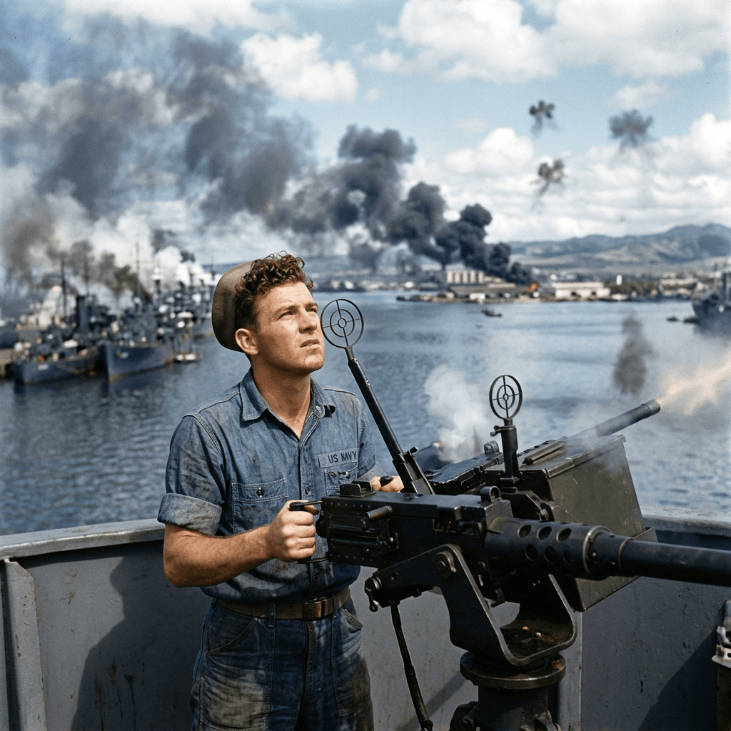 U.S. Navy sailor operating a mounted machine gun amid a smoky harbor