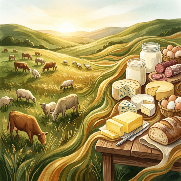 Grazing cows and sheep beside a table of farm foods