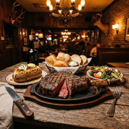 Grilled porterhouse steak with loaded potato, bread basket, and salad