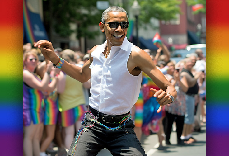 A joyful person in sunglasses and a sleeveless shirt dancing energetically at a vibrant Pride parade, with a diverse crowd and colorful decorations in the background.