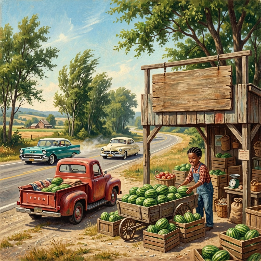 Farmers selling watermelons beside a vintage roadside stand and classic cars