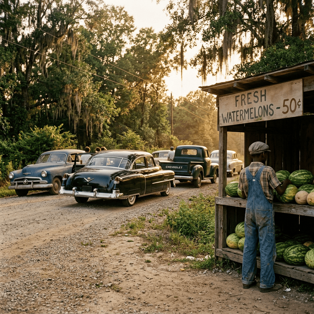 Roadside produce stand reading “Fresh Watermelons – 50¢” beside vintage cars and shoppers