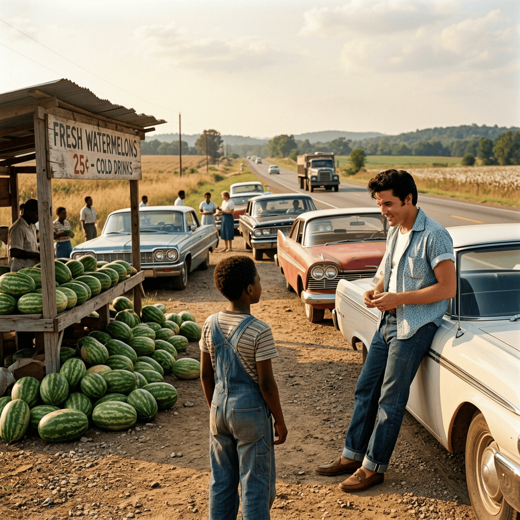 Roadside stand selling watermelons beside a rural highway with people and vintage cars