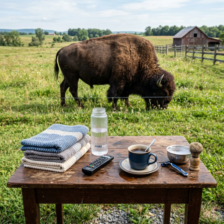 Rustic table with coffee and towels beside a grazing bison pasture