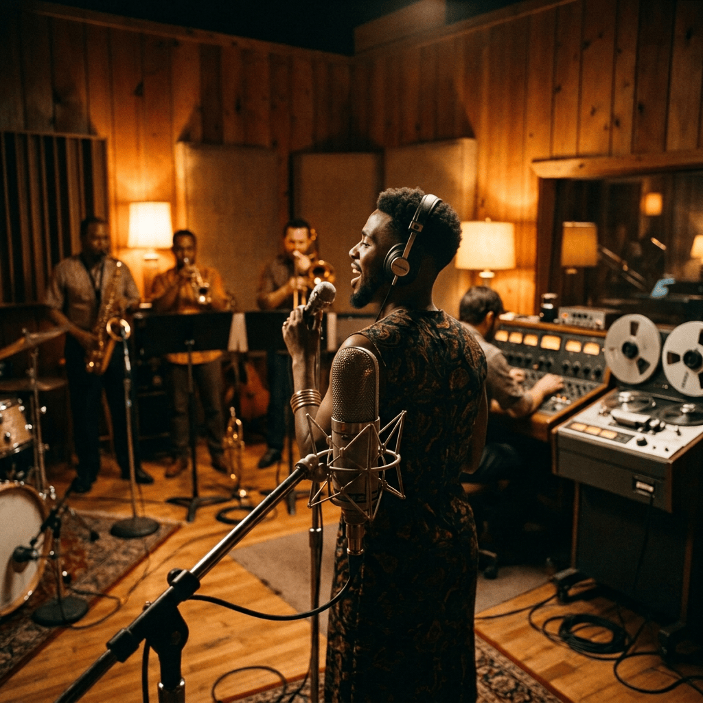Singer performing with jazz musicians in a recording studio