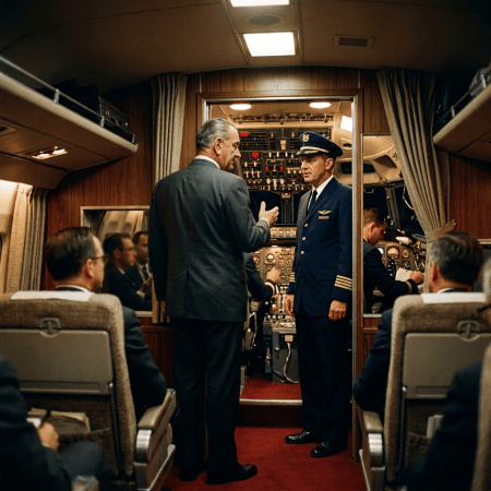 Pilot speaking with a suited passenger inside a vintage airliner cockpit