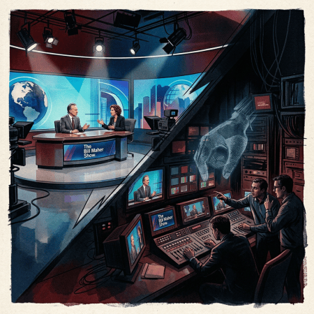 Split view of news anchor studio and television production control room