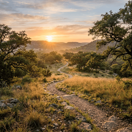 Winding trail through oak-covered hills at sunset