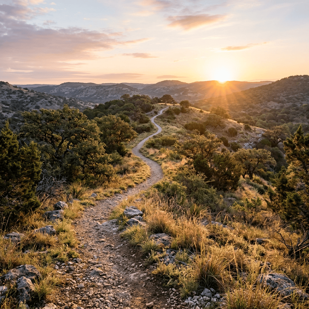 Winding hiking trail through oak-covered hills beneath a setting sun