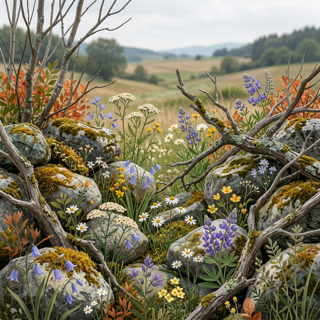 Watercolor meadow filled with wildflowers, mossy rocks, branches, and distant hills