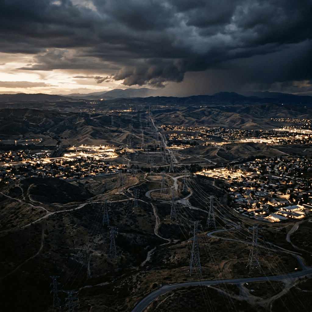 Illuminated mountain town beneath dark storm clouds