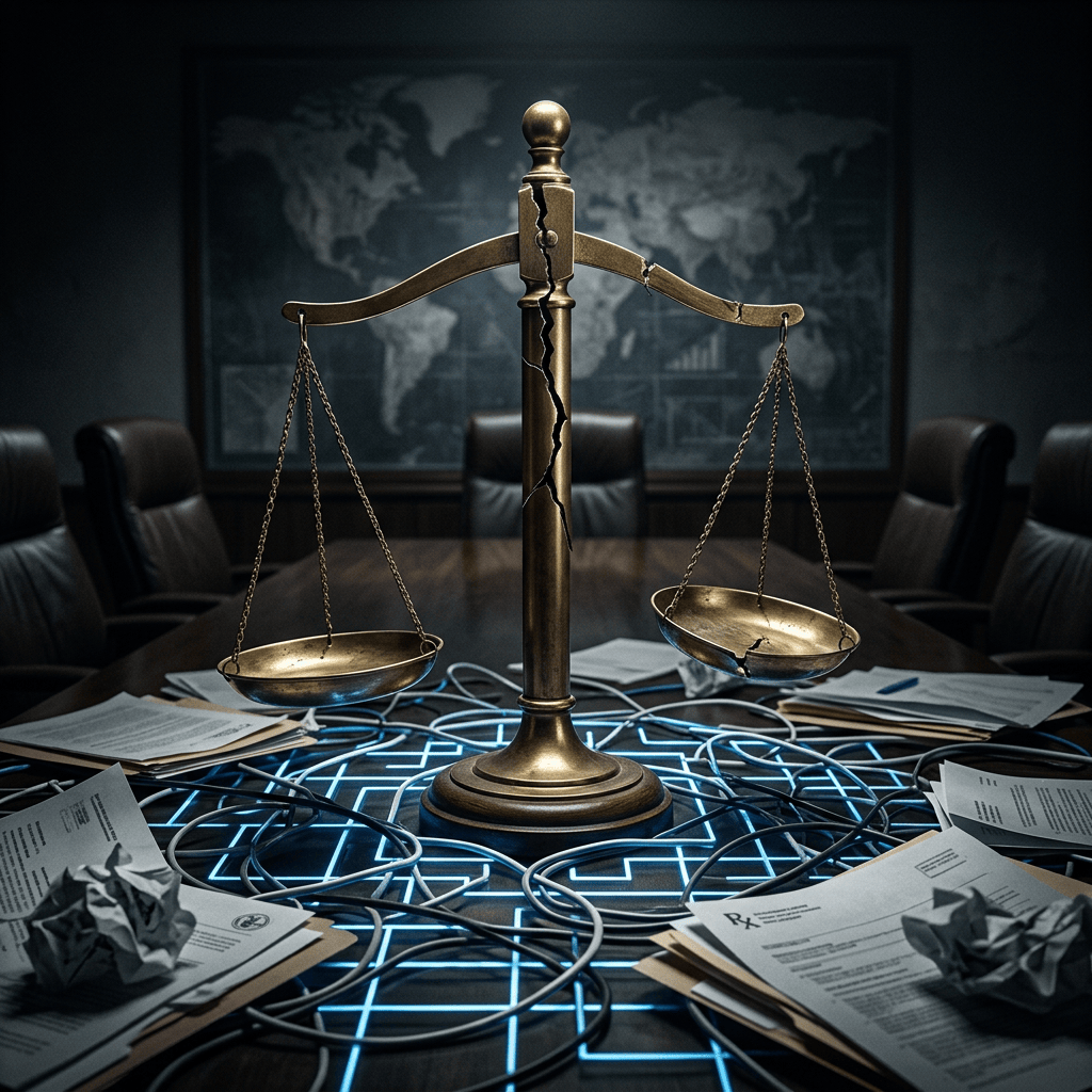Cracked balance scale over tangled cables and scattered documents