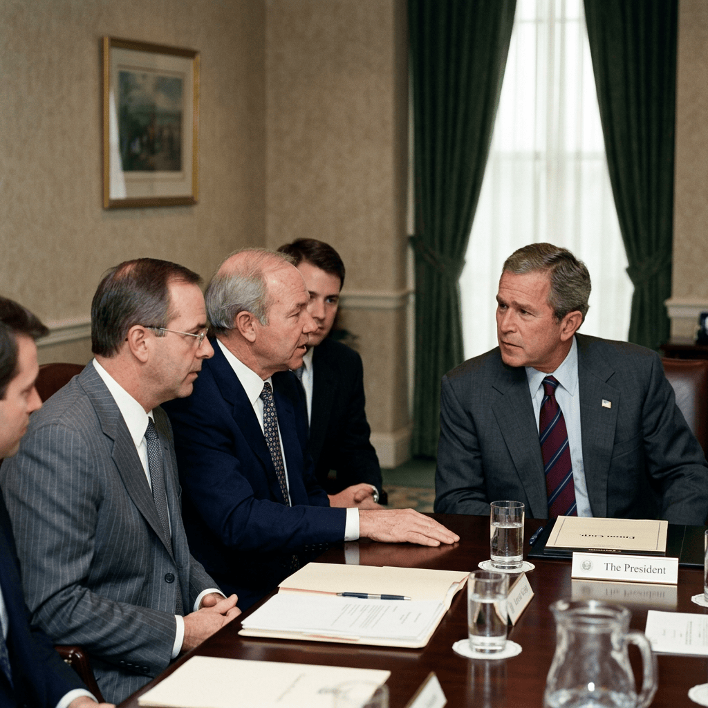 President George W. Bush meeting with advisors at a conference table