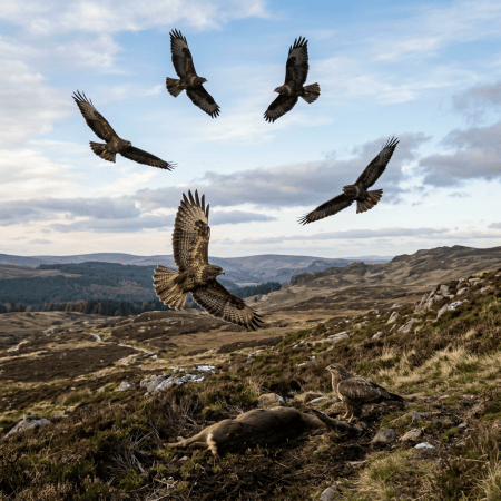 Five golden eagles flying above a rugged Highland landscape, with two on the ground