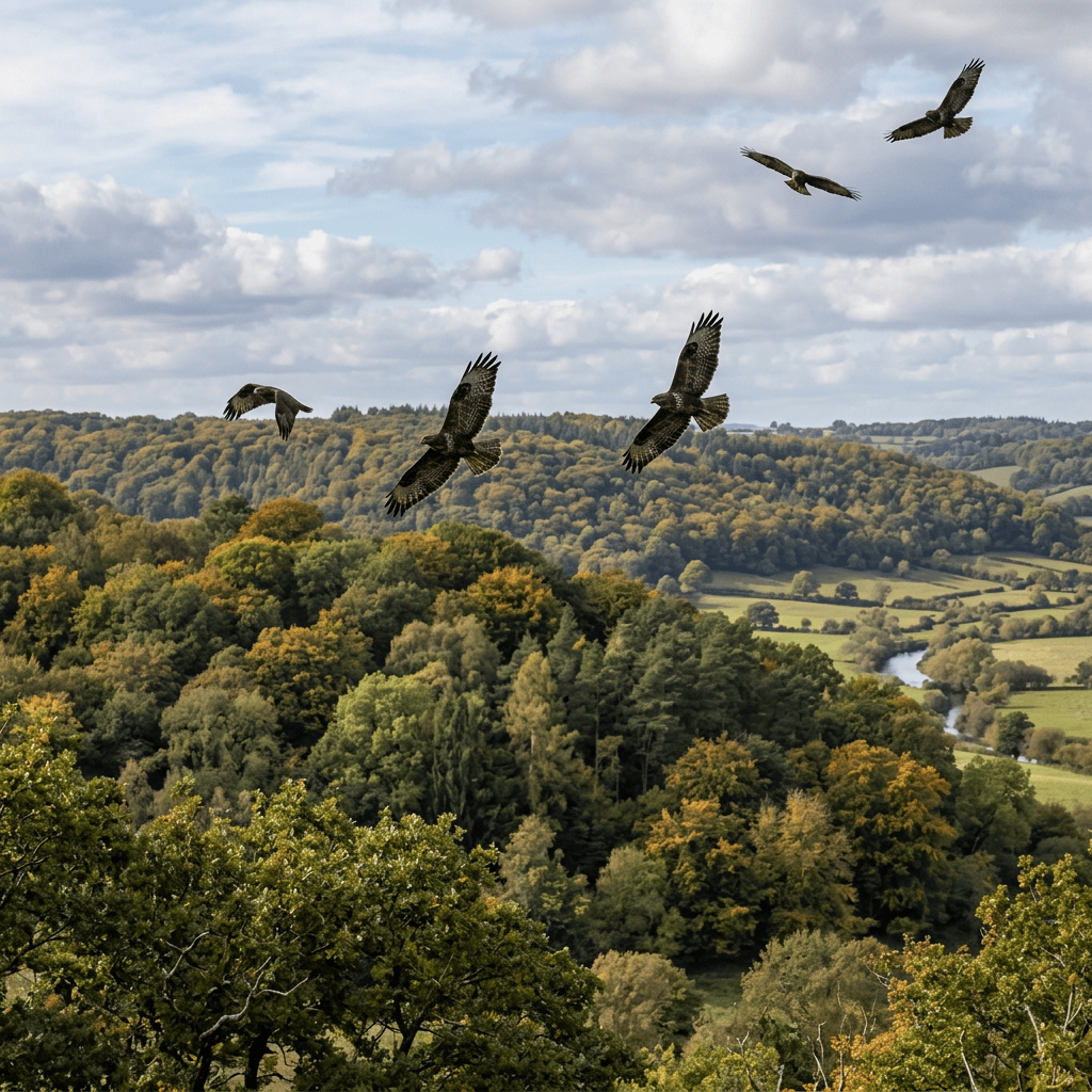 Four birds soaring above an autumn woodland valley with fields and river