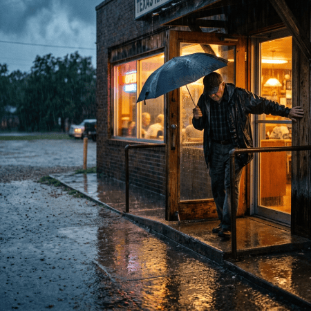 Person with umbrella entering Texas Rain Diner during heavy rain