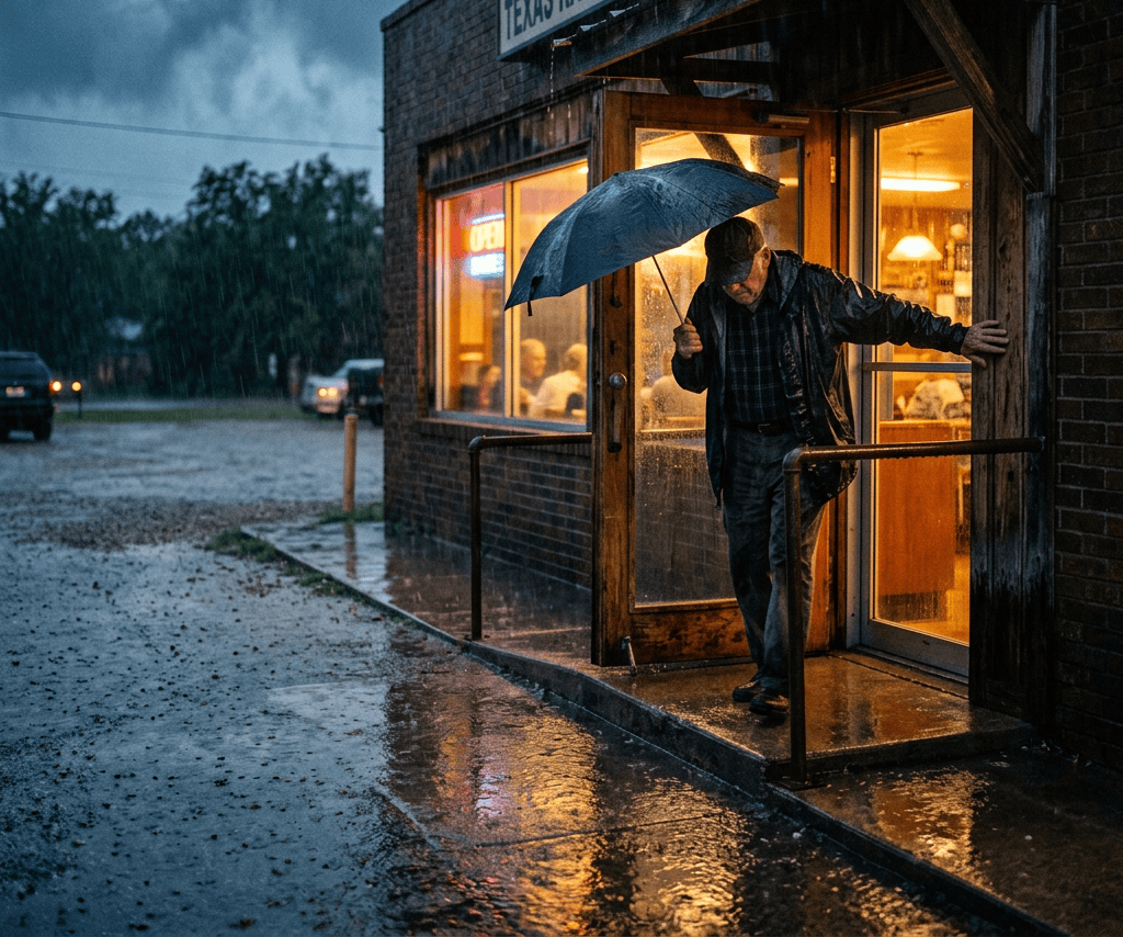 Person with umbrella entering Texas Rain Diner during heavy rain