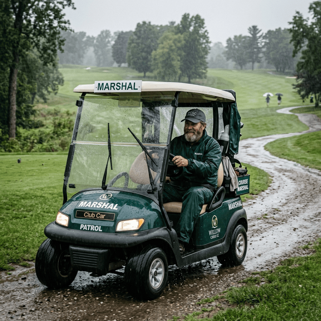 Golf course marshal driving a patrol cart in heavy rain