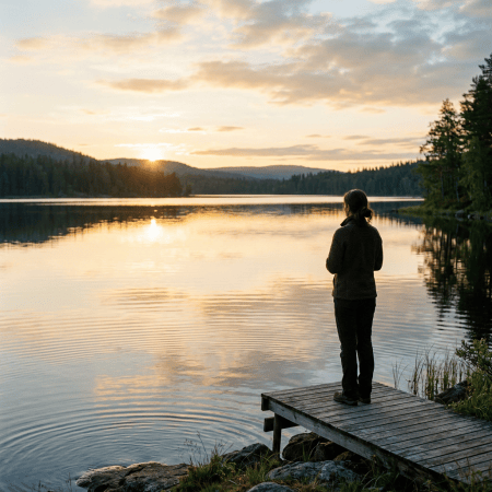 Person standing on a wooden dock overlooking a forest lake at sunset